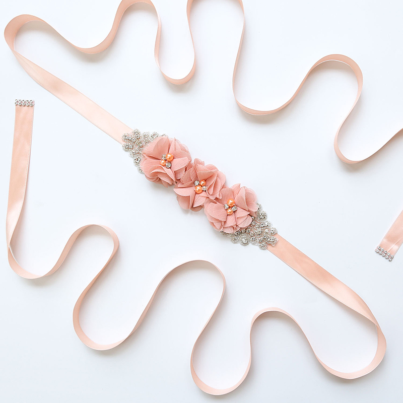 Bridal Sash Ribbon - Pearl Rhinestone Chiffon Fabric Flower Bride